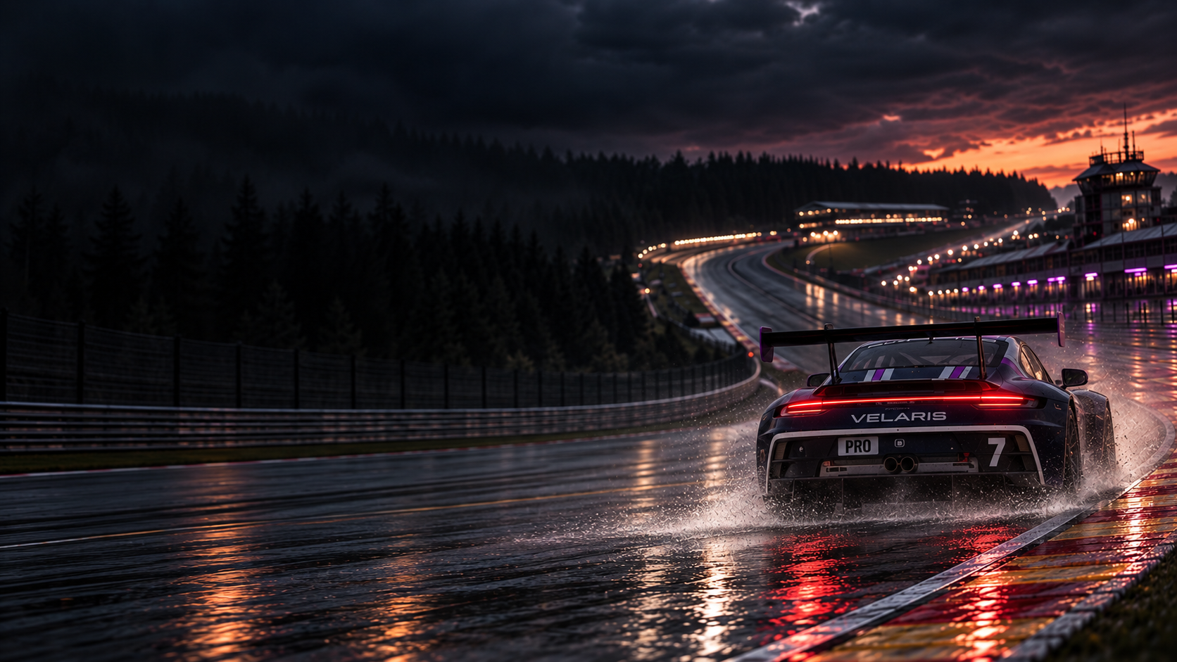 Race car at dusk on a wet circuit